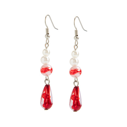 Pearl & Red Enamel Silvertone Drop Dangle Earrings