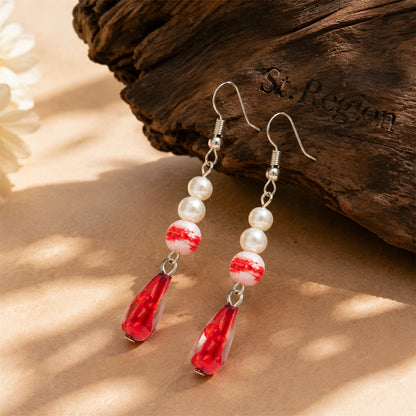 Pearl & Red Enamel Silvertone Drop Dangle Earrings