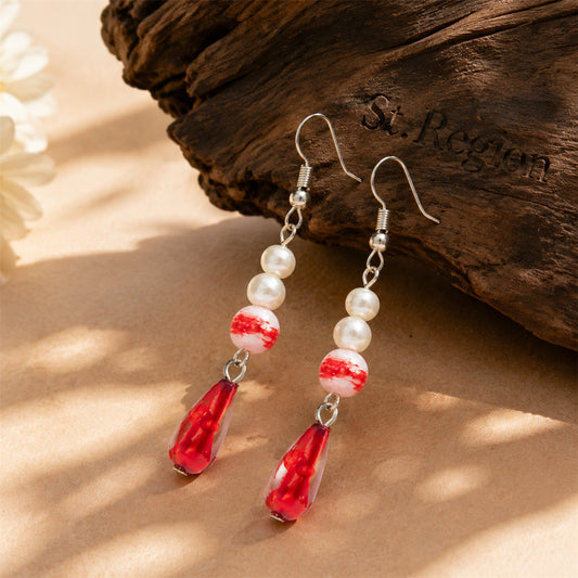 Pearl & Red Enamel Silvertone Drop Dangle Earrings
