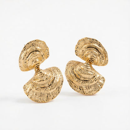 Goldtone Hammered Shell Dangle Earrings, gold drop earrings for women, everyday style, side view