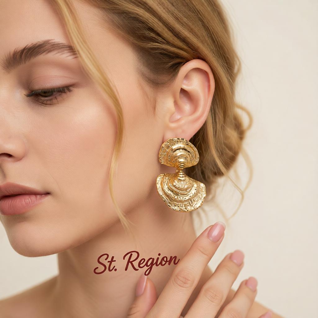 Goldtone Hammered Shell Dangle Earrings, gold drop earrings for women, everyday style, styled look