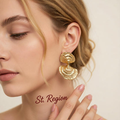 Goldtone Hammered Shell Dangle Earrings, gold drop earrings for women, everyday style, styled look