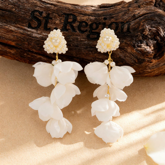 Pearl and Plastic Goldtone Roses Cluster Dangle Earrings, gold drop earrings for women, elegant gift for her, front view