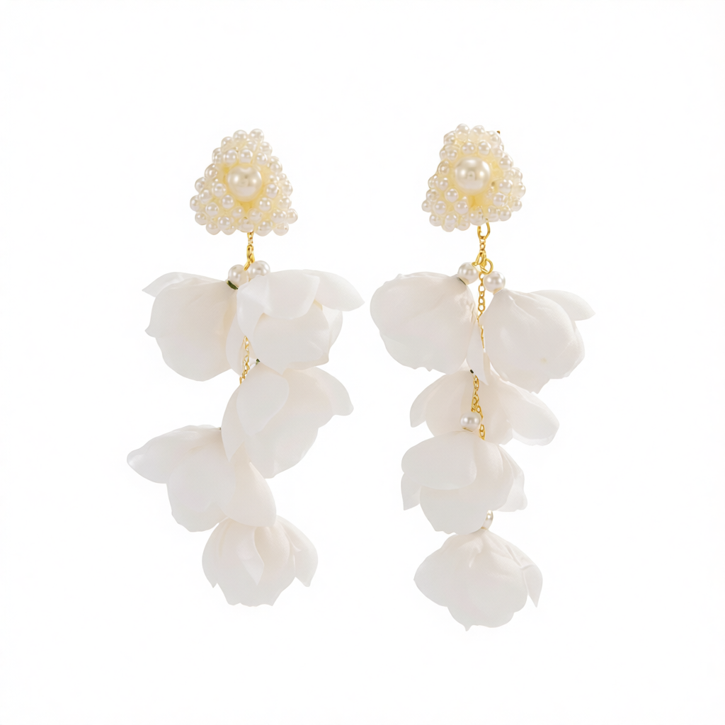 Pearl & Plastic Goldtone Roses Cluster Dangle Earrings