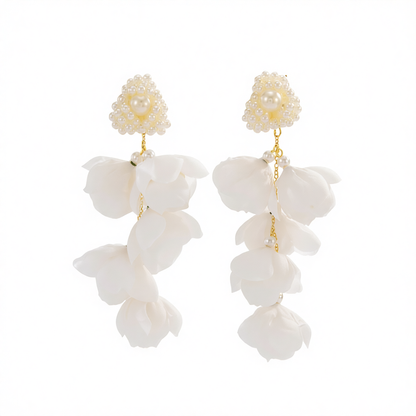 Pearl & Plastic Goldtone Roses Cluster Dangle Earrings