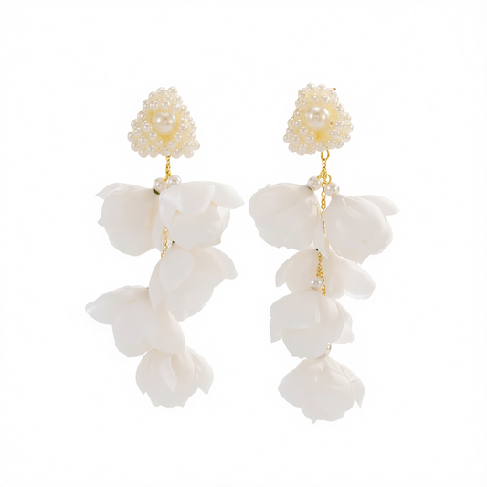 Pearl & Plastic Goldtone Roses Cluster Dangle Earrings