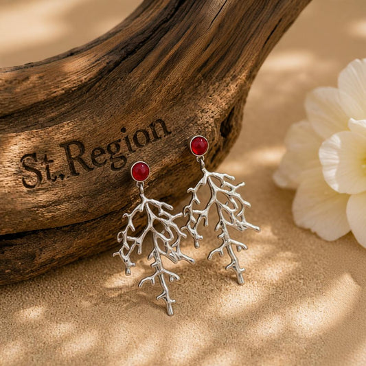Red Resin and Silvertone Branch Dangle Earrings, silver drop earrings for women, elegant gift for her, front view
