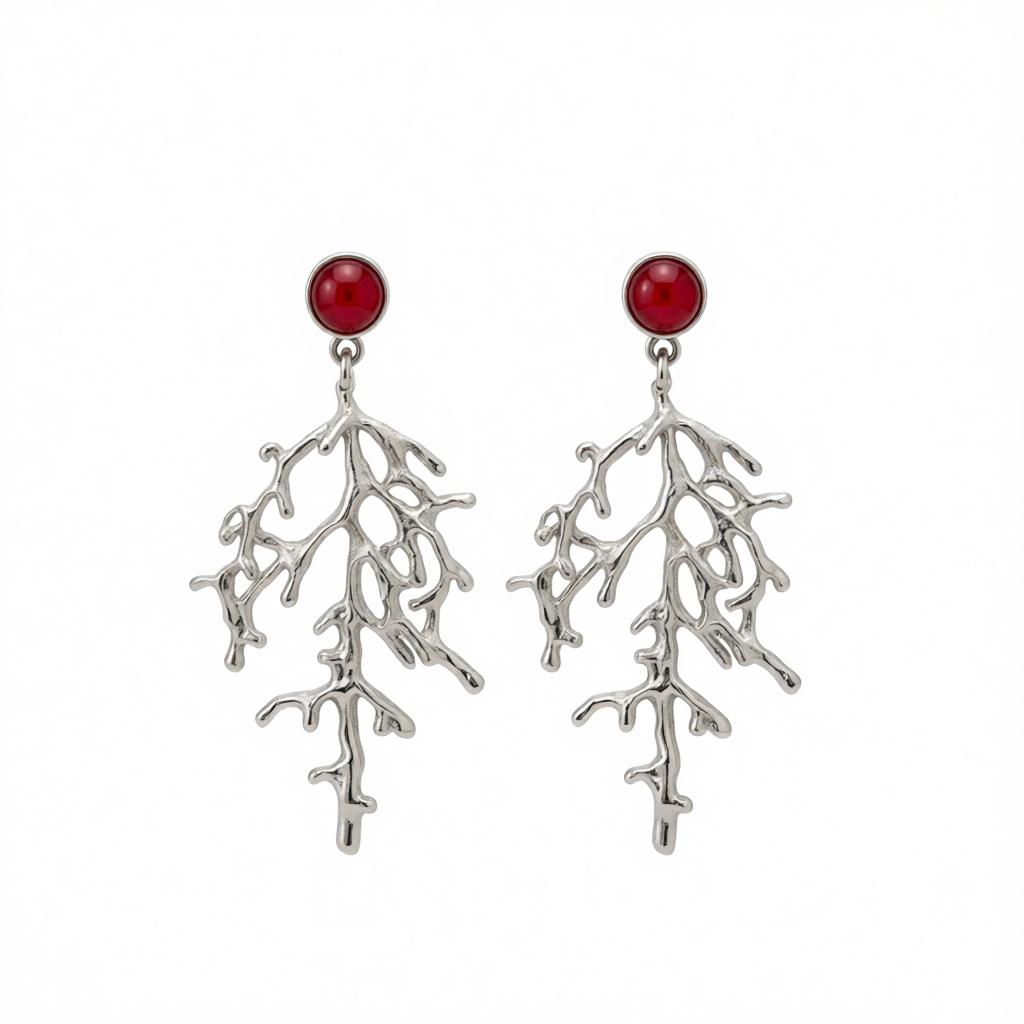 Red Resin and Silvertone Branch Dangle Earrings, silver drop earrings for women, elegant gift for her, side view