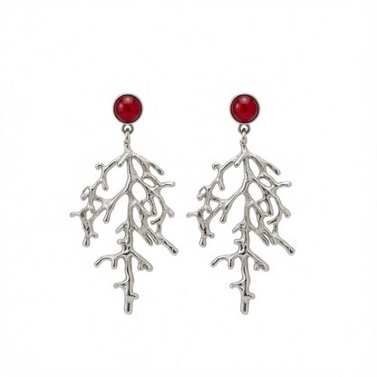 Red Resin and Silvertone Branch Dangle Earrings, silver drop earrings for women, elegant gift for her, side view