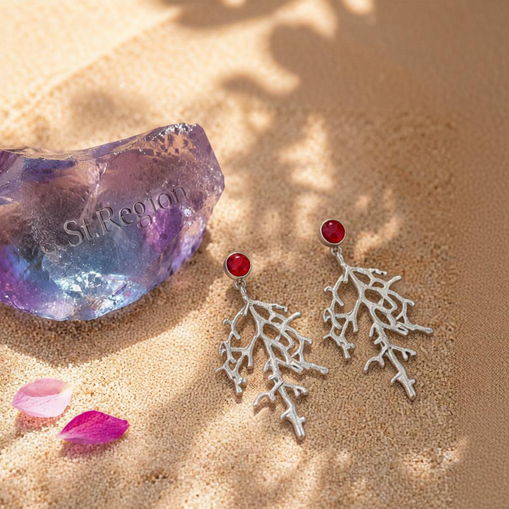 Red Resin and Silvertone Branch Dangle Earrings, silver drop earrings for women, elegant gift for her, detail close-up