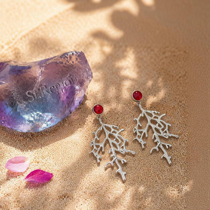 Red Resin and Silvertone Branch Dangle Earrings, silver drop earrings for women, elegant gift for her, detail close-up