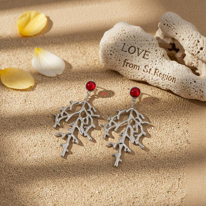 Red Resin and Silvertone Branch Dangle Earrings, silver drop earrings for women, elegant gift for her, lifestyle look