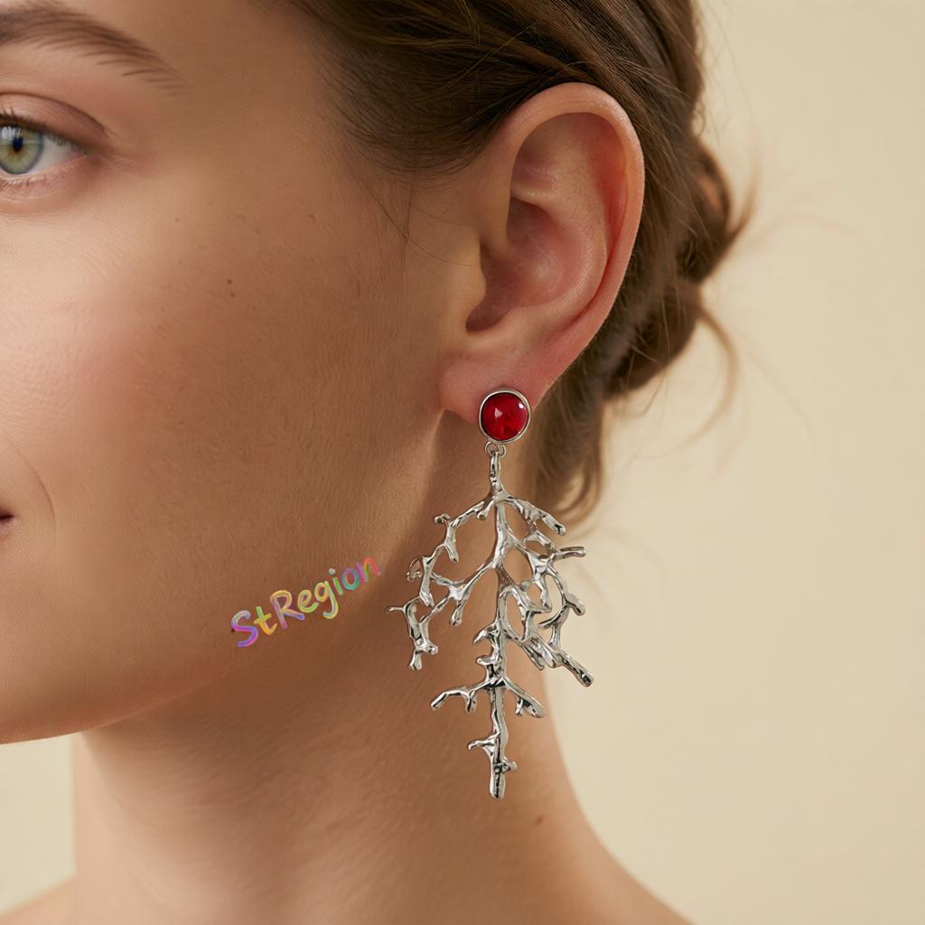 Red Resin and Silvertone Branch Dangle Earrings, silver drop earrings for women, elegant gift for her, styled look