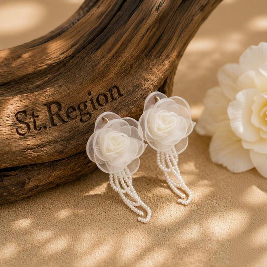 Polyster and Clear Acrylic Goldtone Flower Tassel Dangle Earrings, gold drop earrings for women, everyday style, front view
