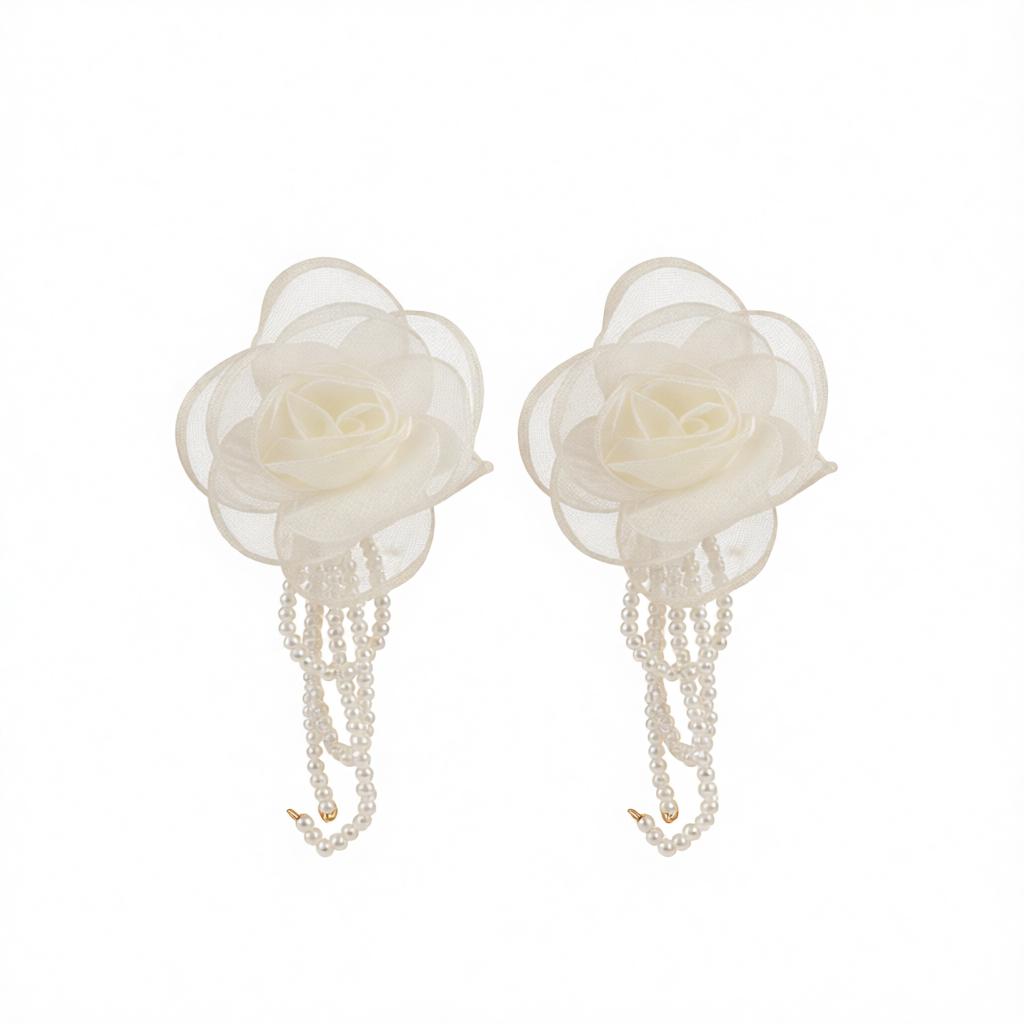 Polyster and Clear Acrylic Goldtone Flower Tassel Dangle Earrings, gold drop earrings for women, everyday style, side view