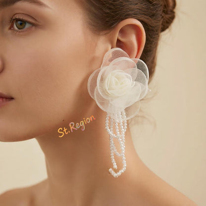 Polyster and Clear Acrylic Goldtone Flower Tassel Dangle Earrings, gold drop earrings for women, everyday style, styled look