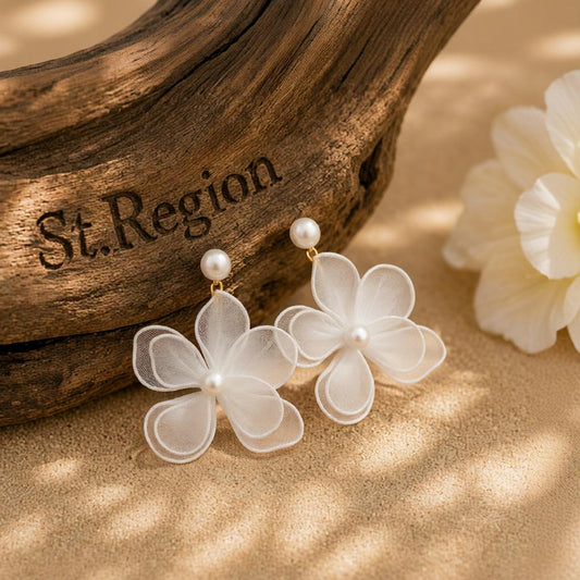 White Polyster and Pearl Goldtone Flower Dangle Earrings, gold drop earrings for women, elegant gift for her, front view