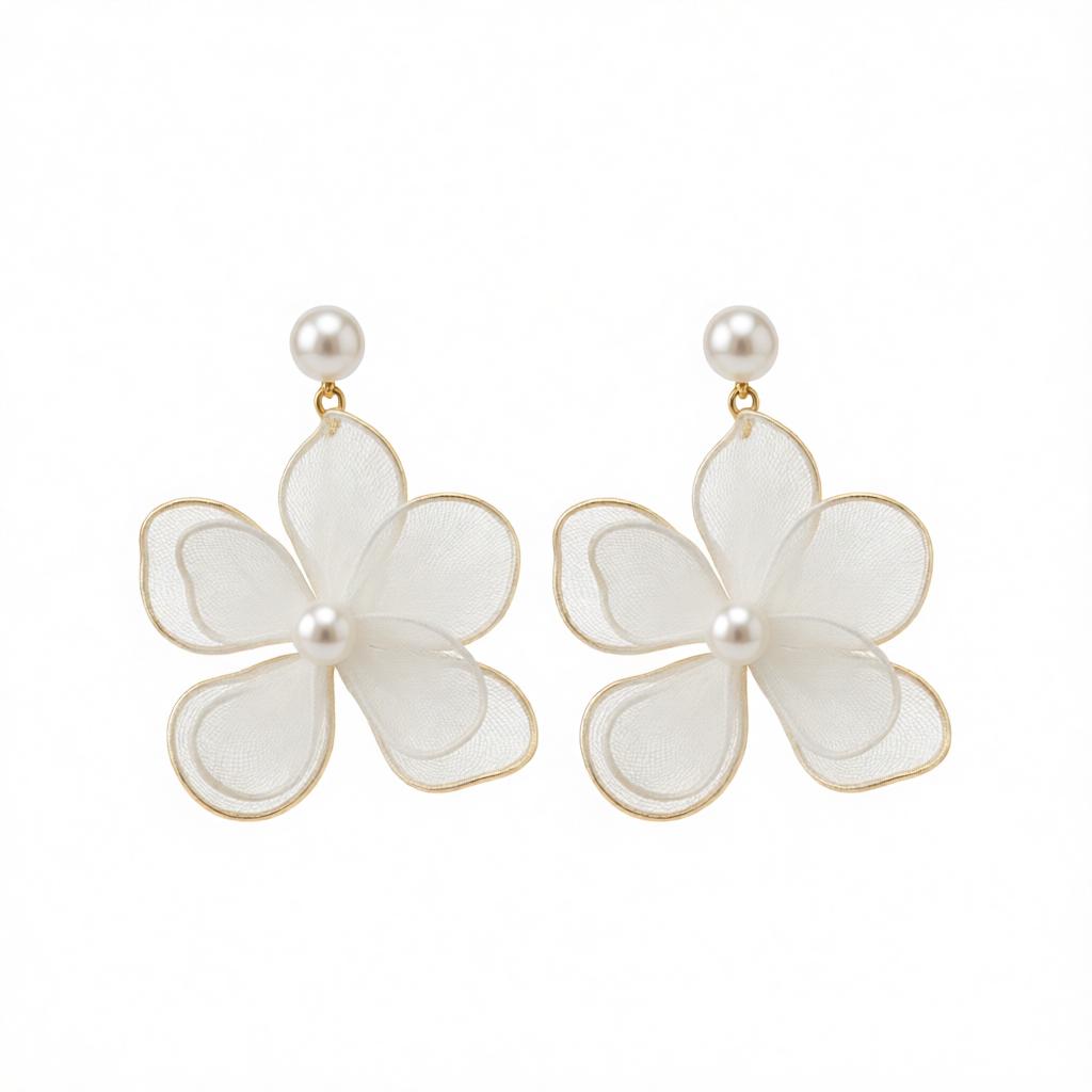 White Polyster and Pearl Goldtone Flower Dangle Earrings, gold drop earrings for women, elegant gift for her, side view
