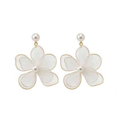 White Polyster and Pearl Goldtone Flower Dangle Earrings, gold drop earrings for women, elegant gift for her, side view