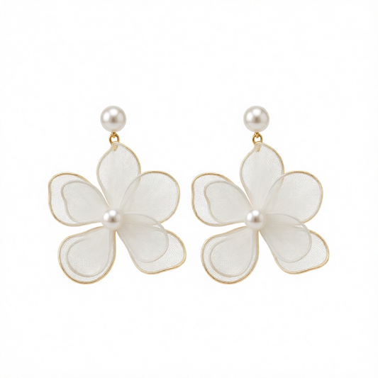 White Polyster & Pearl Goldtone Flower Dangle Earrings