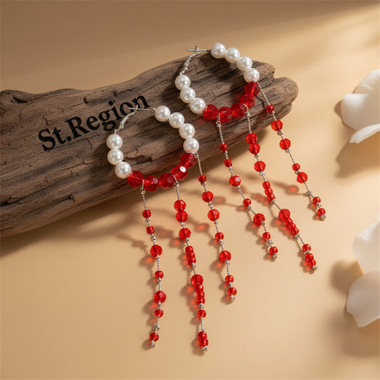 Red Acrylic & Pearl Silvertone Hoop Tassel Dangle Earrings