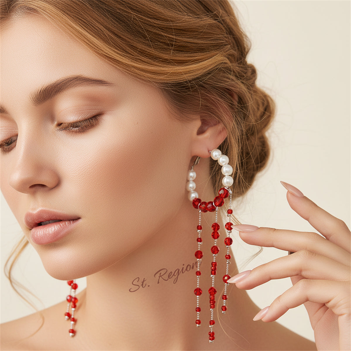 Red Acrylic & Pearl Silvertone Hoop Tassel Dangle Earrings