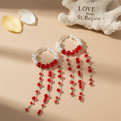 Red Acrylic & Pearl Silvertone Hoop Tassel Dangle Earrings