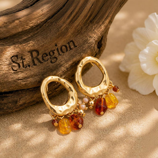 Yellow Resin and Goldtone Oval Tassel Dangle Earrings, gold drop earrings for women, everyday style, front view
