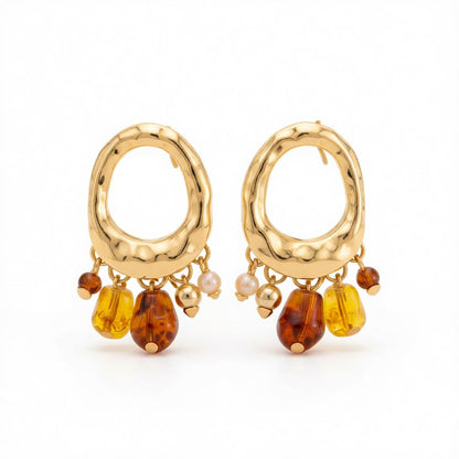 Yellow Resin and Goldtone Oval Tassel Dangle Earrings, gold drop earrings for women, everyday style, side view