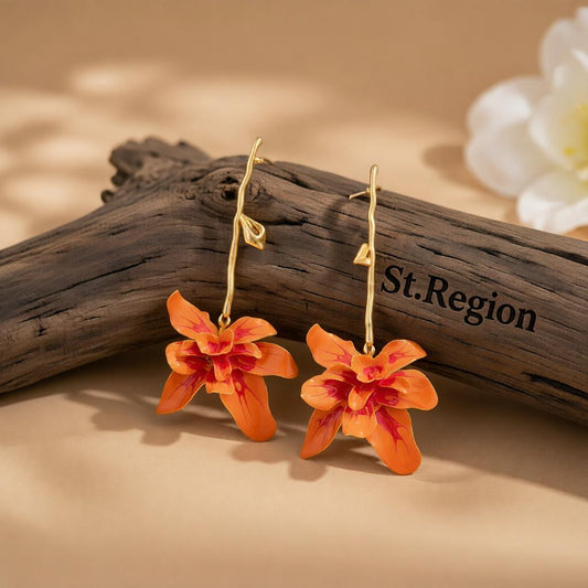 Red Enamel and Goldtone Flower Dangle Earrings, gold drop earrings for women, dainty minimalist design, front view