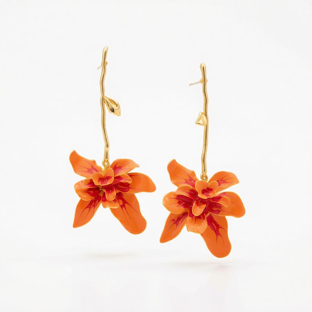 Red Enamel and Goldtone Flower Dangle Earrings, gold drop earrings for women, dainty minimalist design, side view