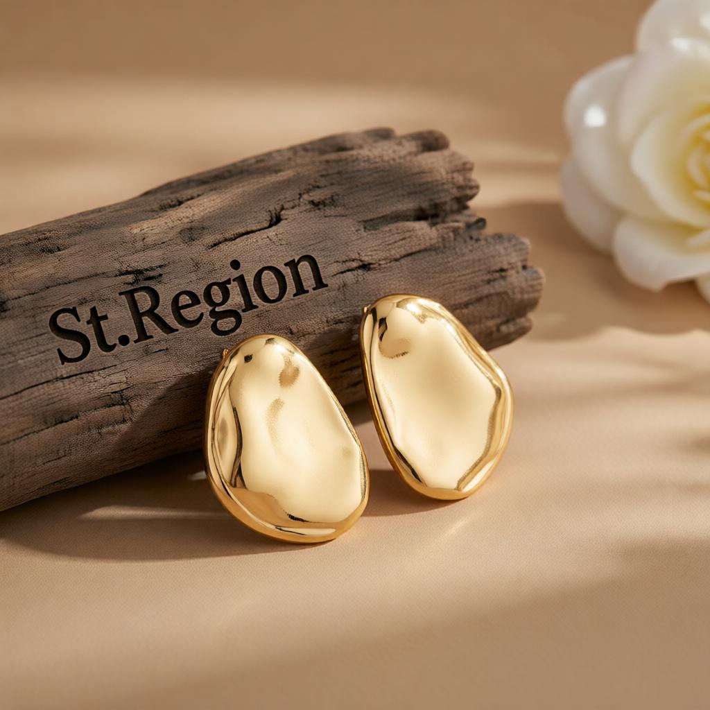 Goldtone Oval Statement Stud Earrings, cubic zirconia stud earrings for women, dainty minimalist design, front view