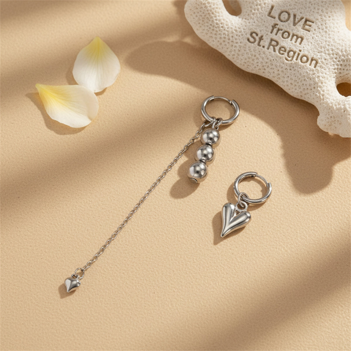 Silvertone Mismatching Beaded Tassel Heart Dangle Earrings