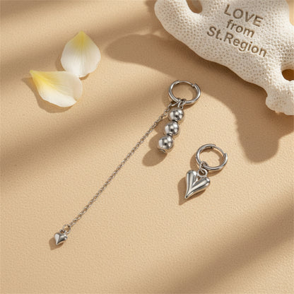 Silvertone Mismatching Beaded Tassel Heart Dangle Earrings