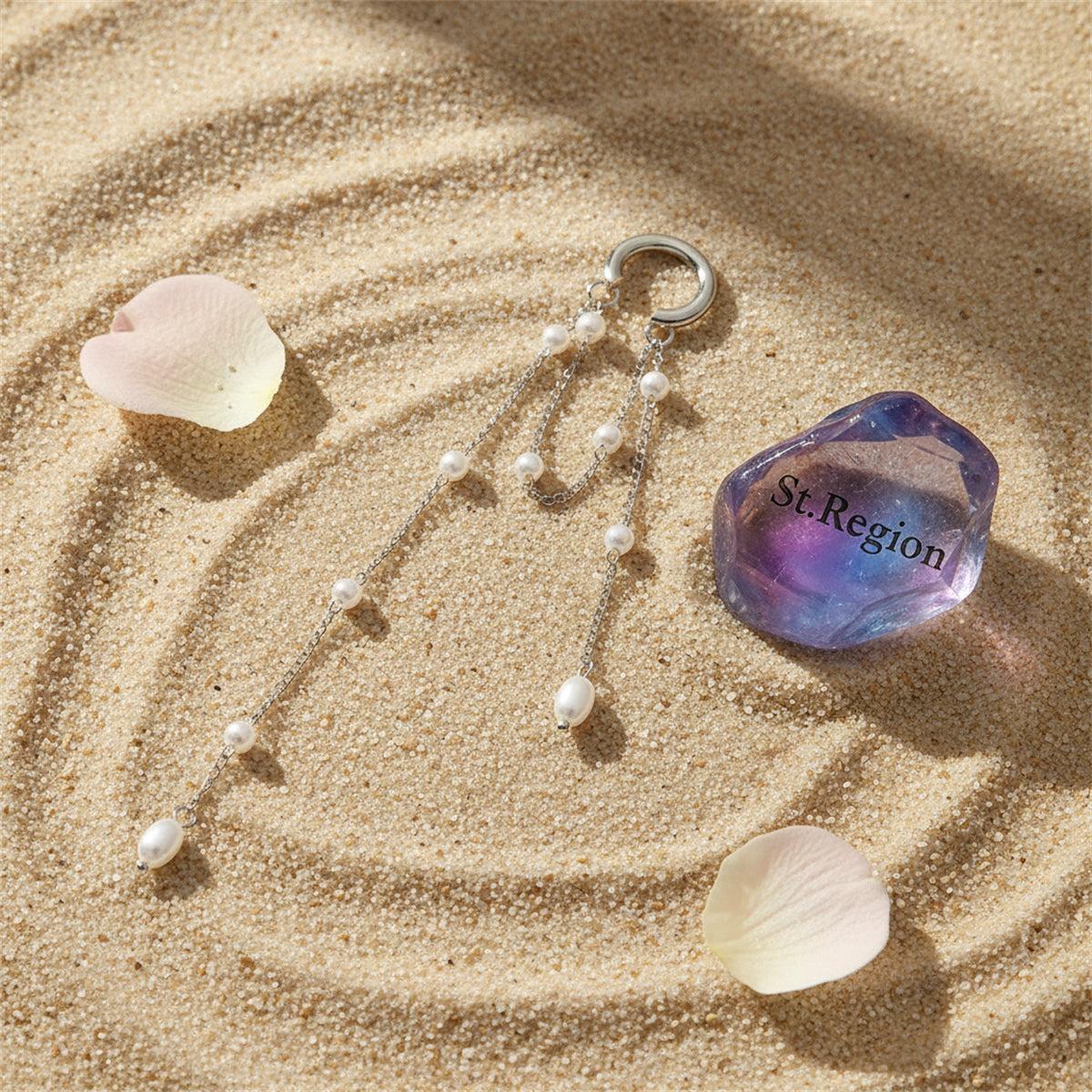 Pearl and Silvertone Beaded Chain Tassel Ear Cuff, botanical inspired, detail close-up