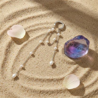 Pearl and Silvertone Beaded Chain Tassel Ear Cuff, botanical inspired, detail close-up