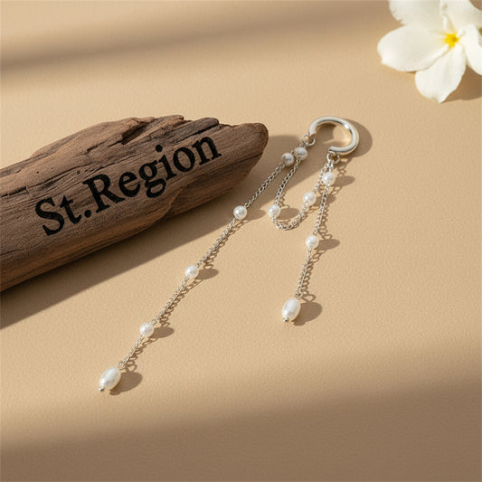 Pearl & Silvertone Beaded Chain Tassel Ear Cuff