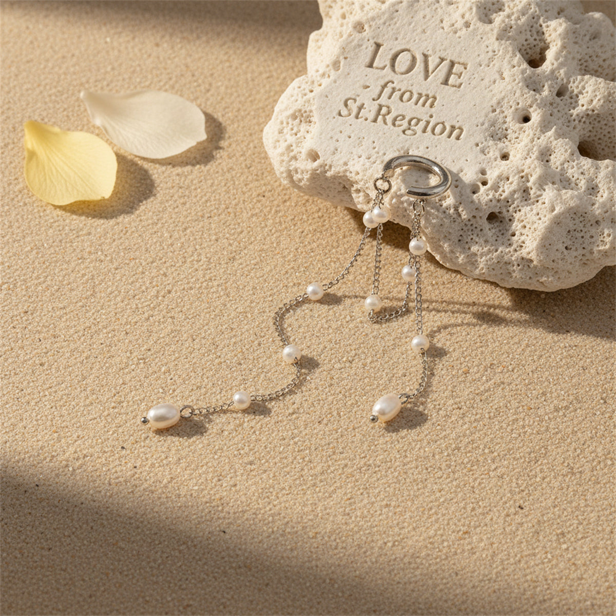 Pearl & Silvertone Beaded Chain Tassel Ear Cuff
