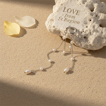 Pearl & Silvertone Beaded Chain Tassel Ear Cuff