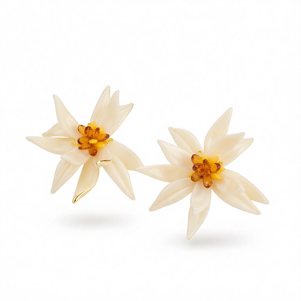 Colored Acrylic and White Resin Goldtone Flower Statement Earrings, cubic zirconia stud earrings for women, side view