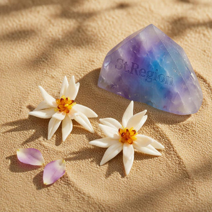 Colored Acrylic and White Resin Goldtone Flower Statement Earrings, cubic zirconia stud earrings for women, detail close-up