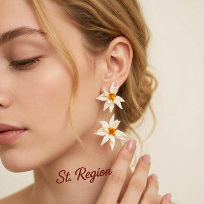Colored Acrylic and White Resin Goldtone Flower Statement Earrings, cubic zirconia stud earrings for women, styled look