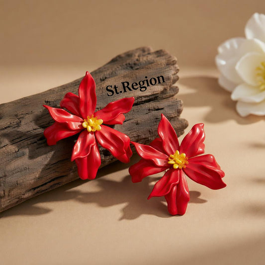 Colored Acrylic and Red Resin Goldtone Flower Statement Earrings, cubic zirconia stud earrings for women, front view