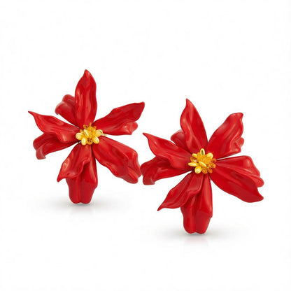Colored Acrylic and Red Resin Goldtone Flower Statement Earrings, cubic zirconia stud earrings for women, side view