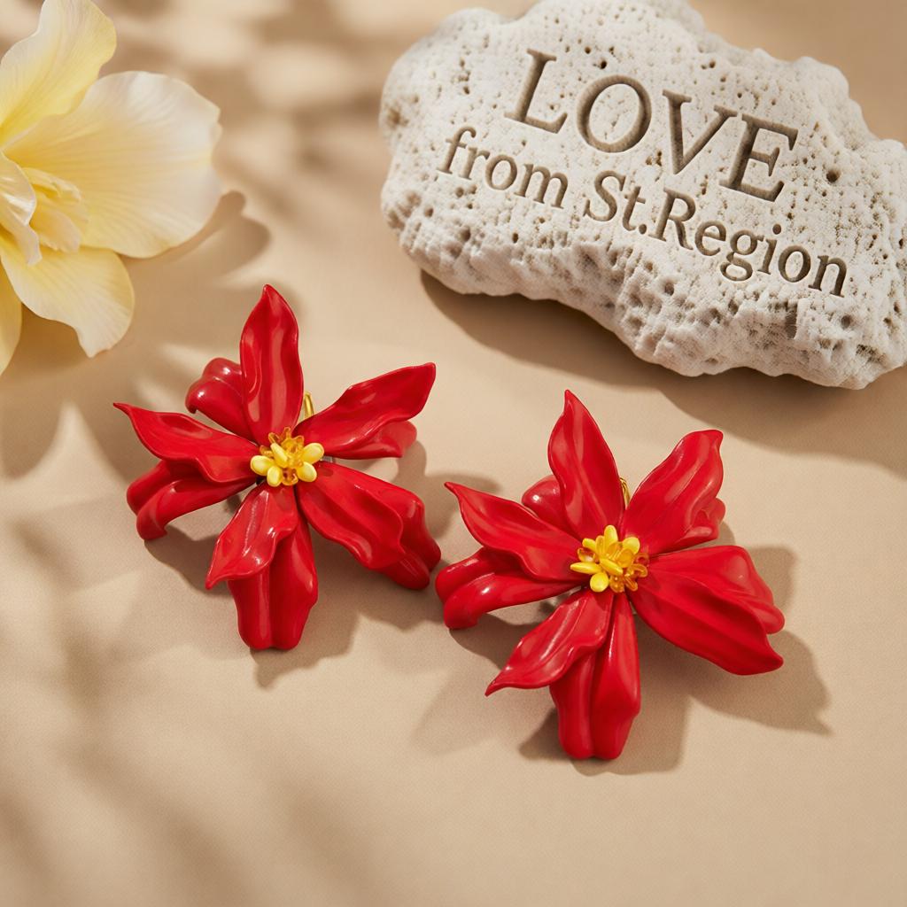 Colored Acrylic and Red Resin Goldtone Flower Statement Earrings, cubic zirconia stud earrings for women, lifestyle look