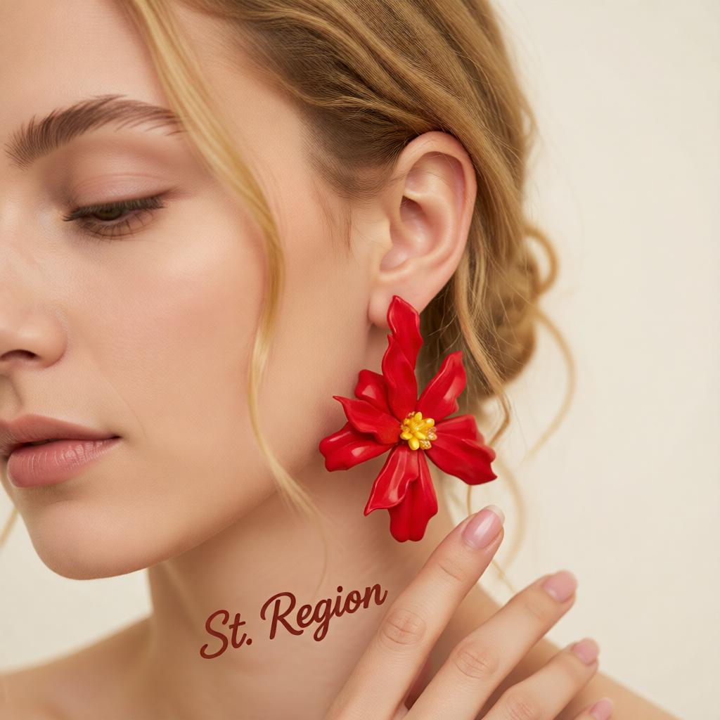 Colored Acrylic and Red Resin Goldtone Flower Statement Earrings, cubic zirconia stud earrings for women, styled look