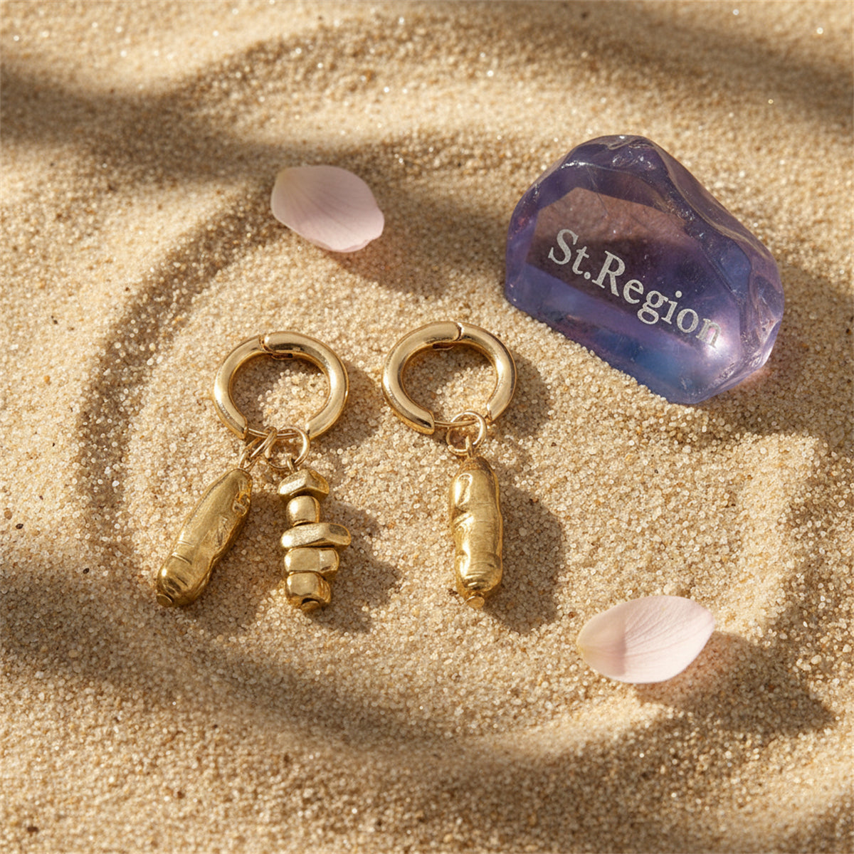 Goldtone Irregular Cylinder Beads Mismatching Huggie Earrings