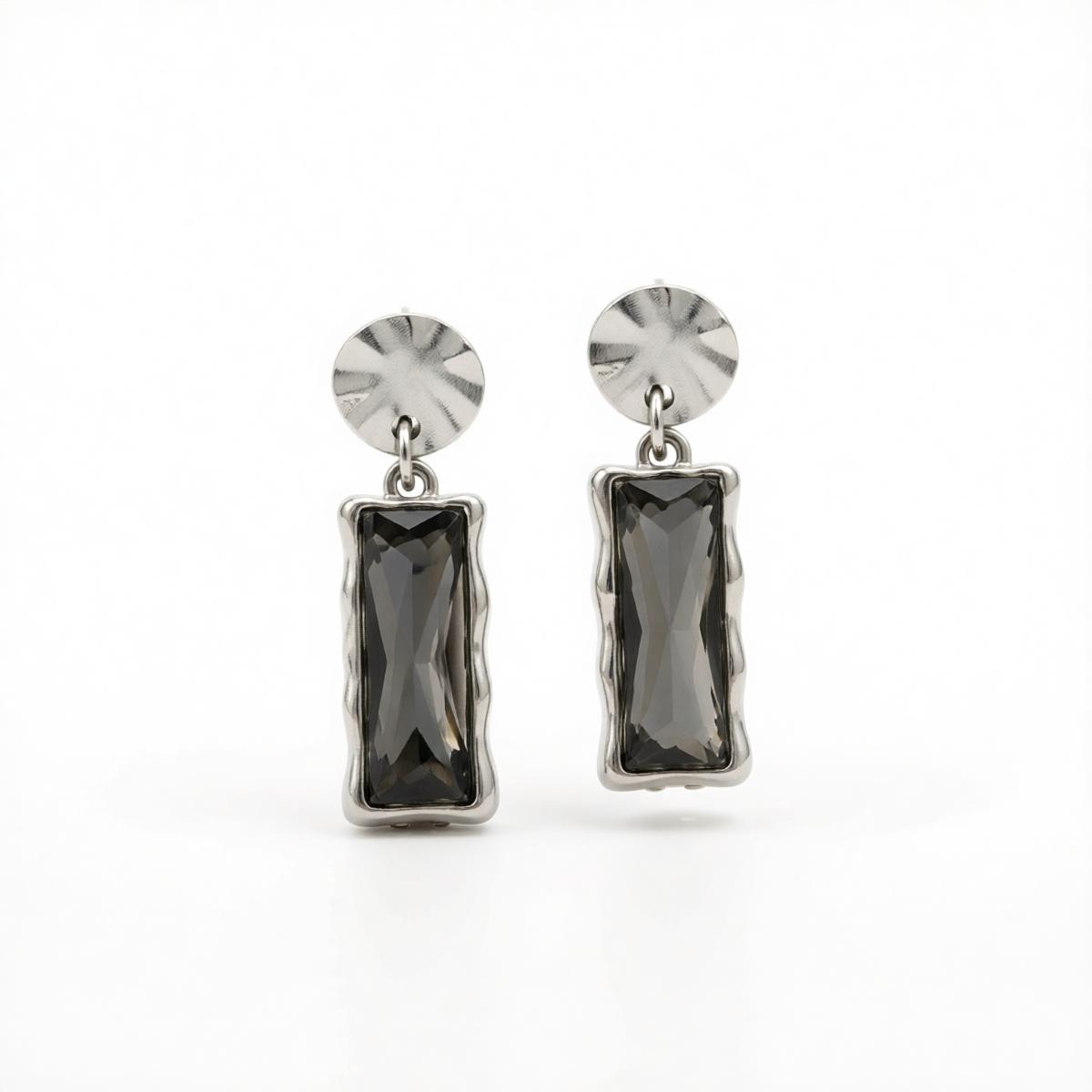Gray Crystal and Silvertone Rectangle Dangle Earrings, silver drop earrings for women, dainty minimalist design, side view