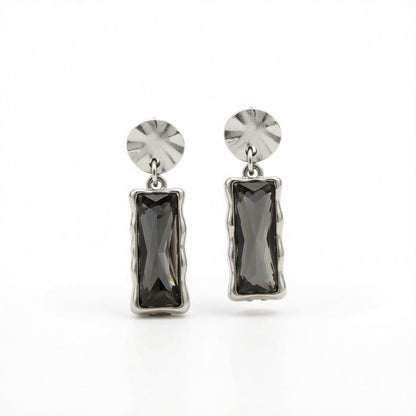 Gray Crystal and Silvertone Rectangle Dangle Earrings, silver drop earrings for women, dainty minimalist design, side view