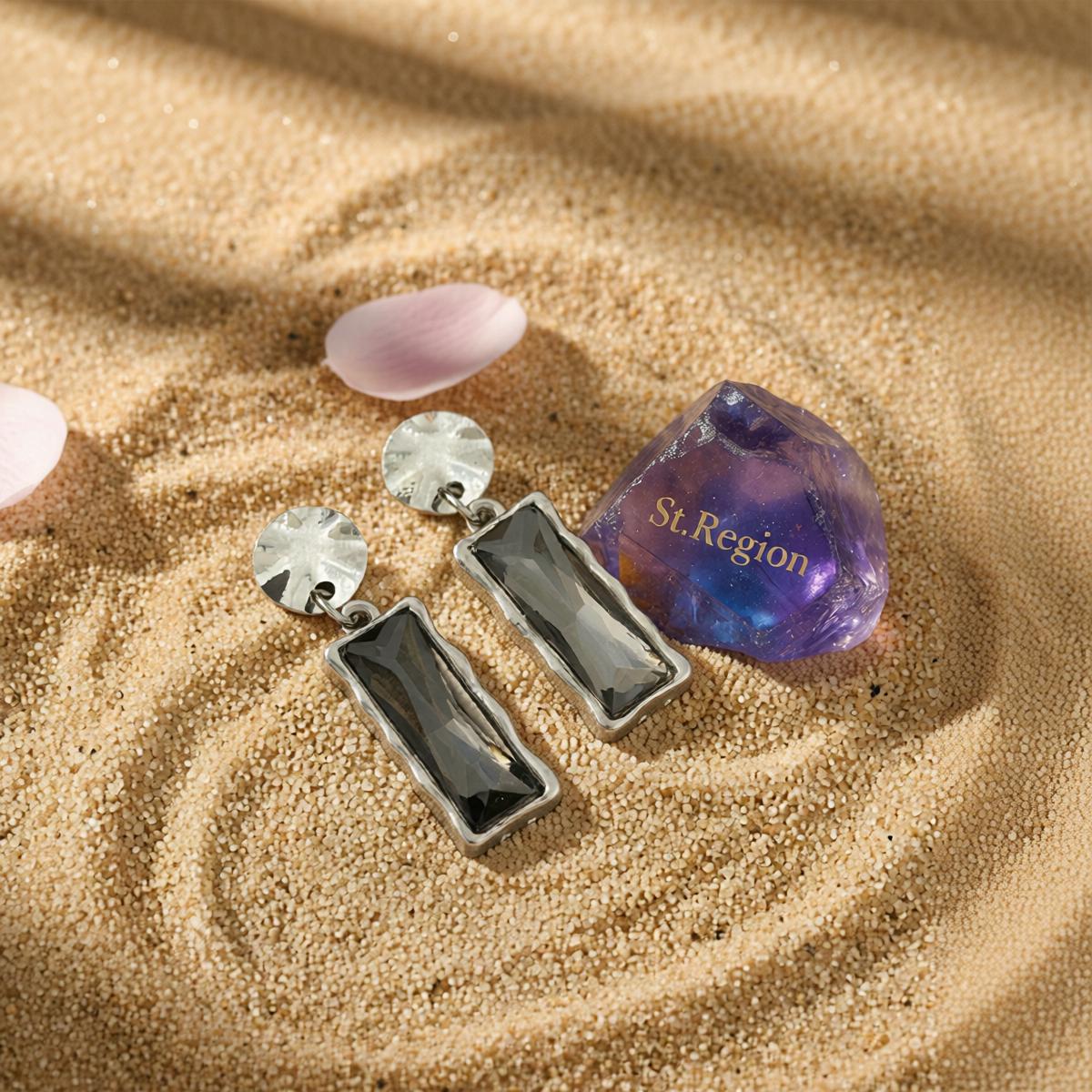 Gray Crystal and Silvertone Rectangle Dangle Earrings, silver drop earrings for women, detail close-up